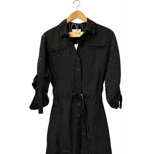 Banana Republic Black Belted Shirt Dress XS Button Front Midi Utility Pocket NWT